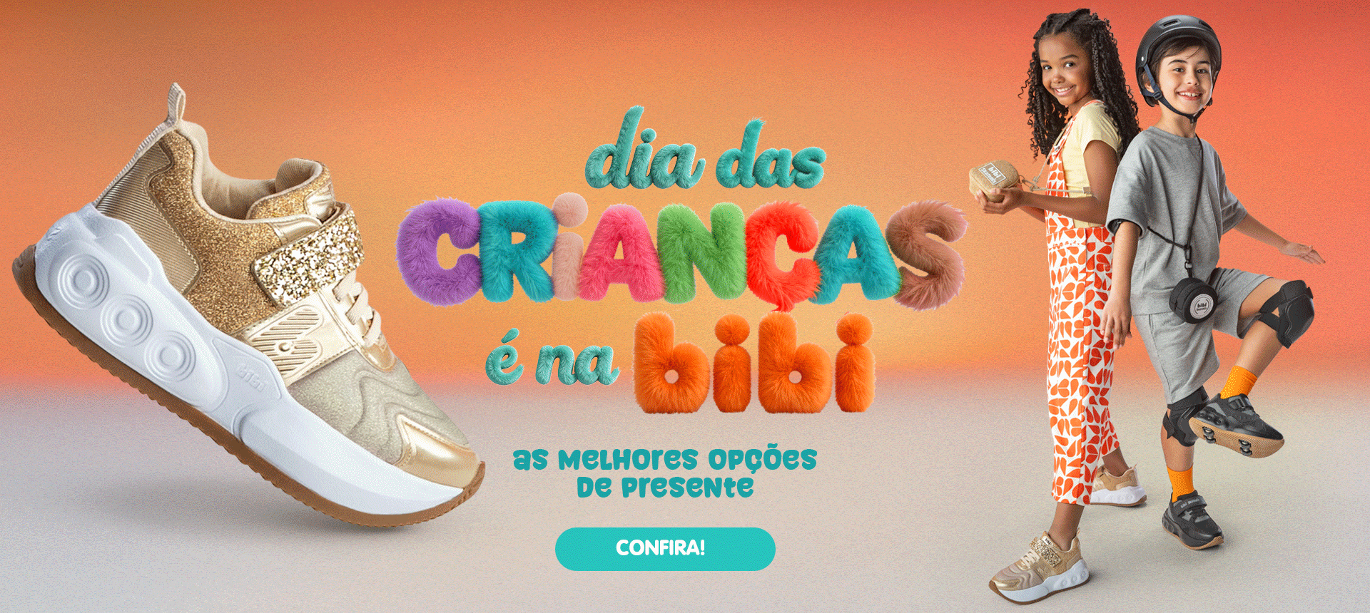Dia das Crianças na bibi: tênis dourado gigante e duas crianças sorrindo com as melhores opções de presente